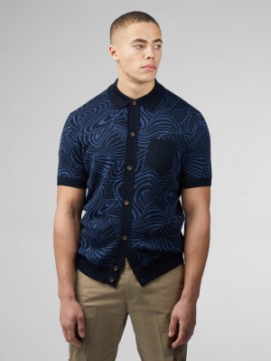 Knitwear Ben Sherman B by Ben Sherman Swirl Jacquard Button Through Polo Azul Marinho | CUFS68415