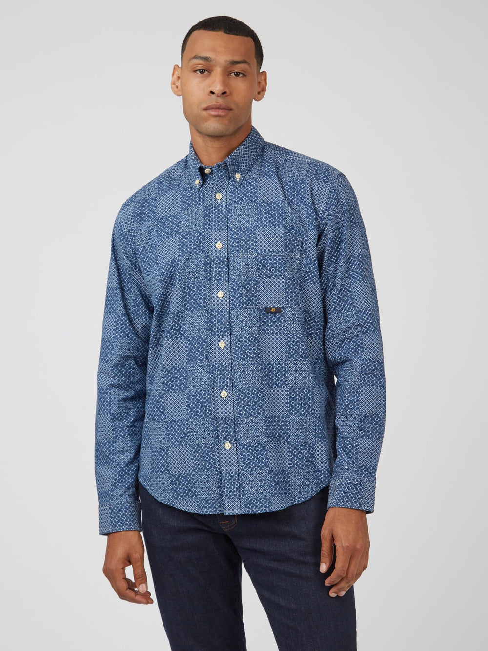 Camisas Ben Sherman Chambray Patchwork Geo Print Long-Sleeve Azuis | AZXD61702