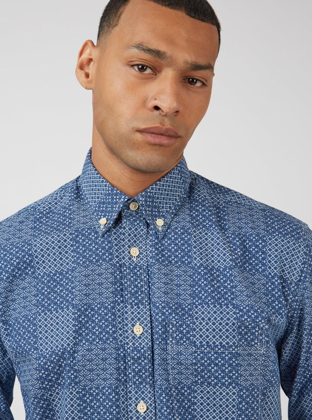 Camisas Ben Sherman Chambray Patchwork Geo Print Long-Sleeve Azuis | AZXD61702