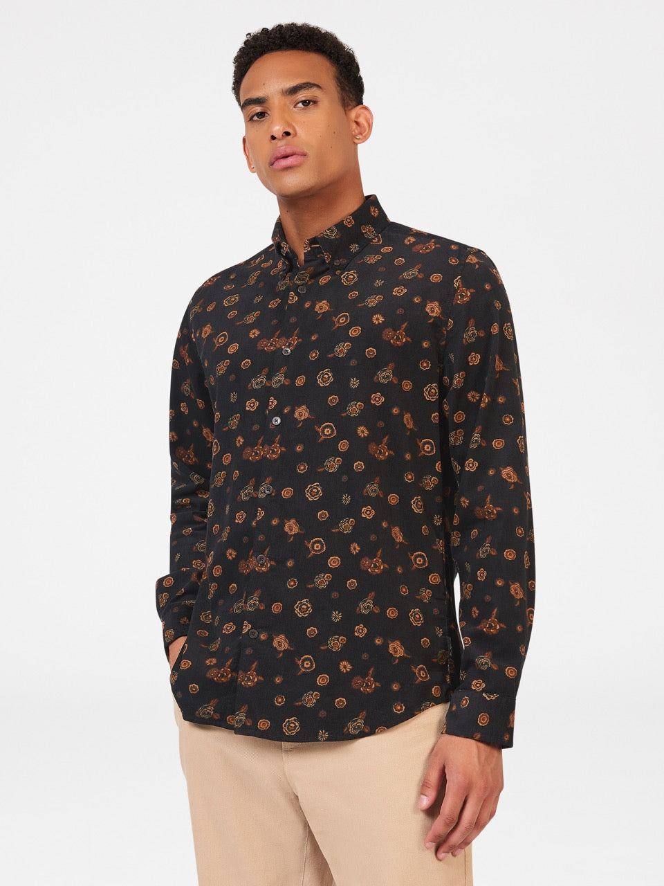 Camisas Ben Sherman Retro Floral Print Corduroy Pretas | KSBF28476