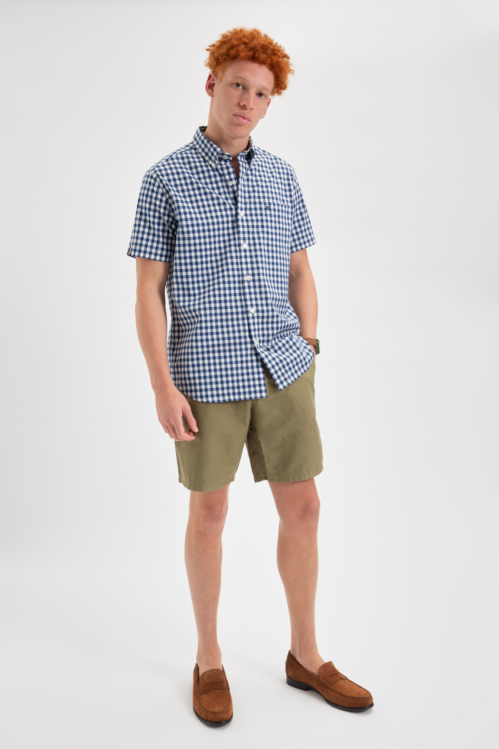 Camisas Ben Sherman Short Sleeve House Poplin Gingham Azul Marinho Verde Oliva | DJQF81052